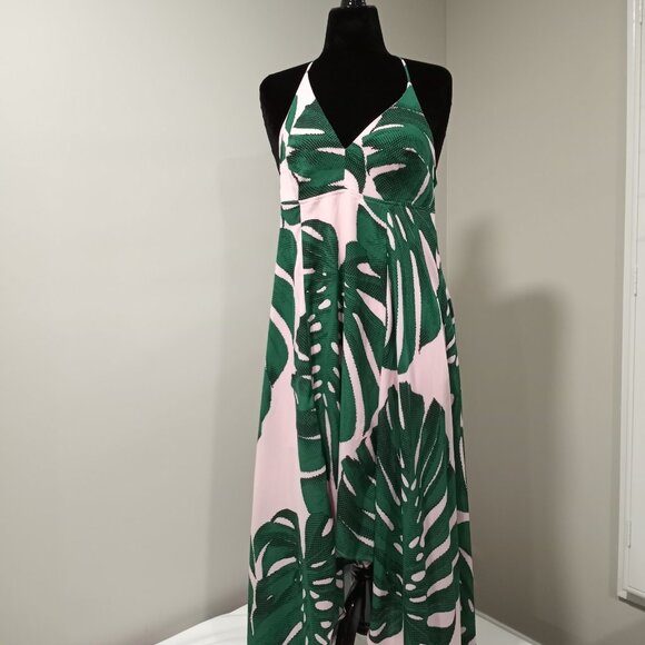 EXPRESS GREEN|PINK PALM PRINT MAXI DRESS ASSYMETRIC HEMLINE WOMEN SIZE 0 - Picture 2 of 8
